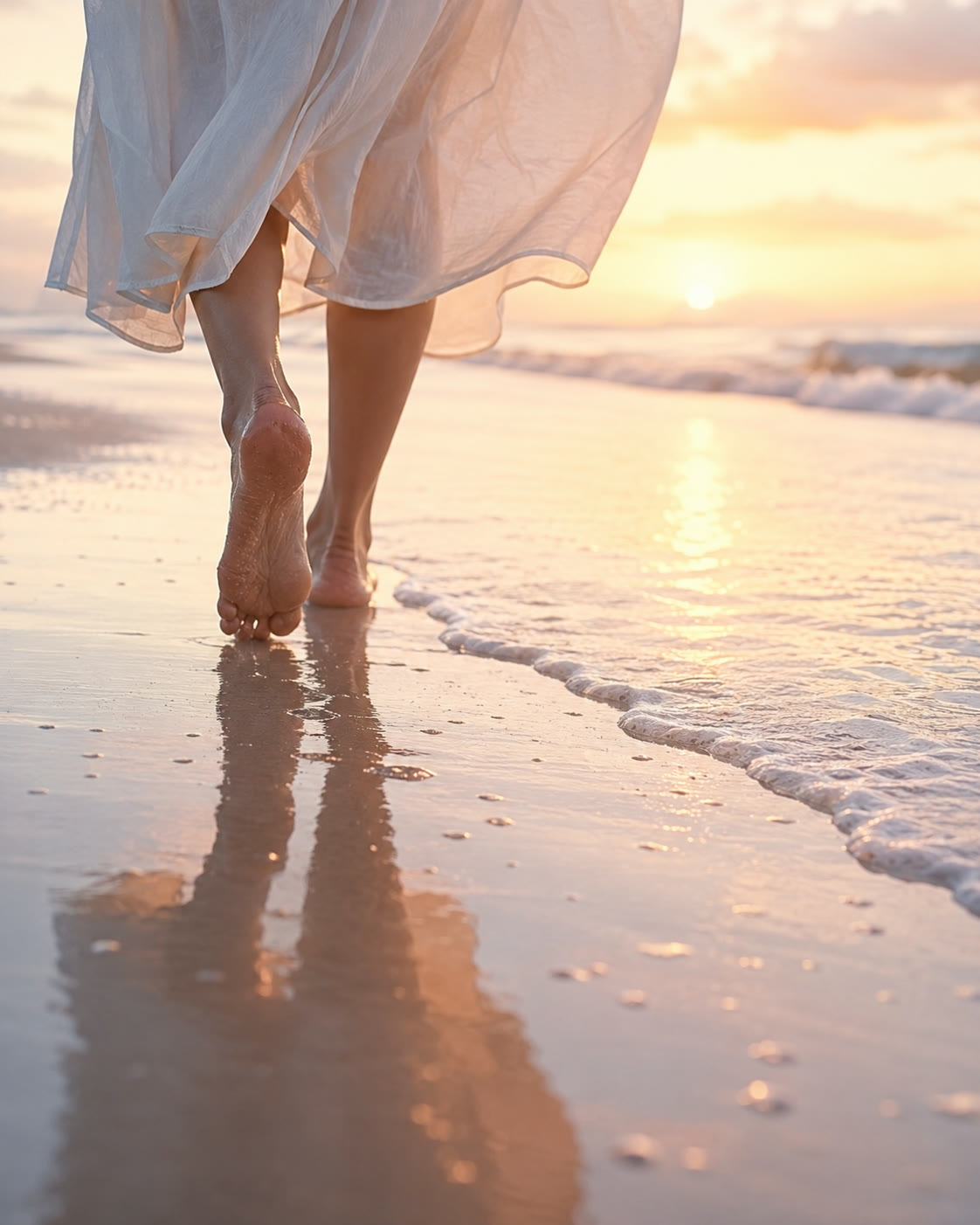 朝の光の中、浜辺を裸足で歩く女性の足元