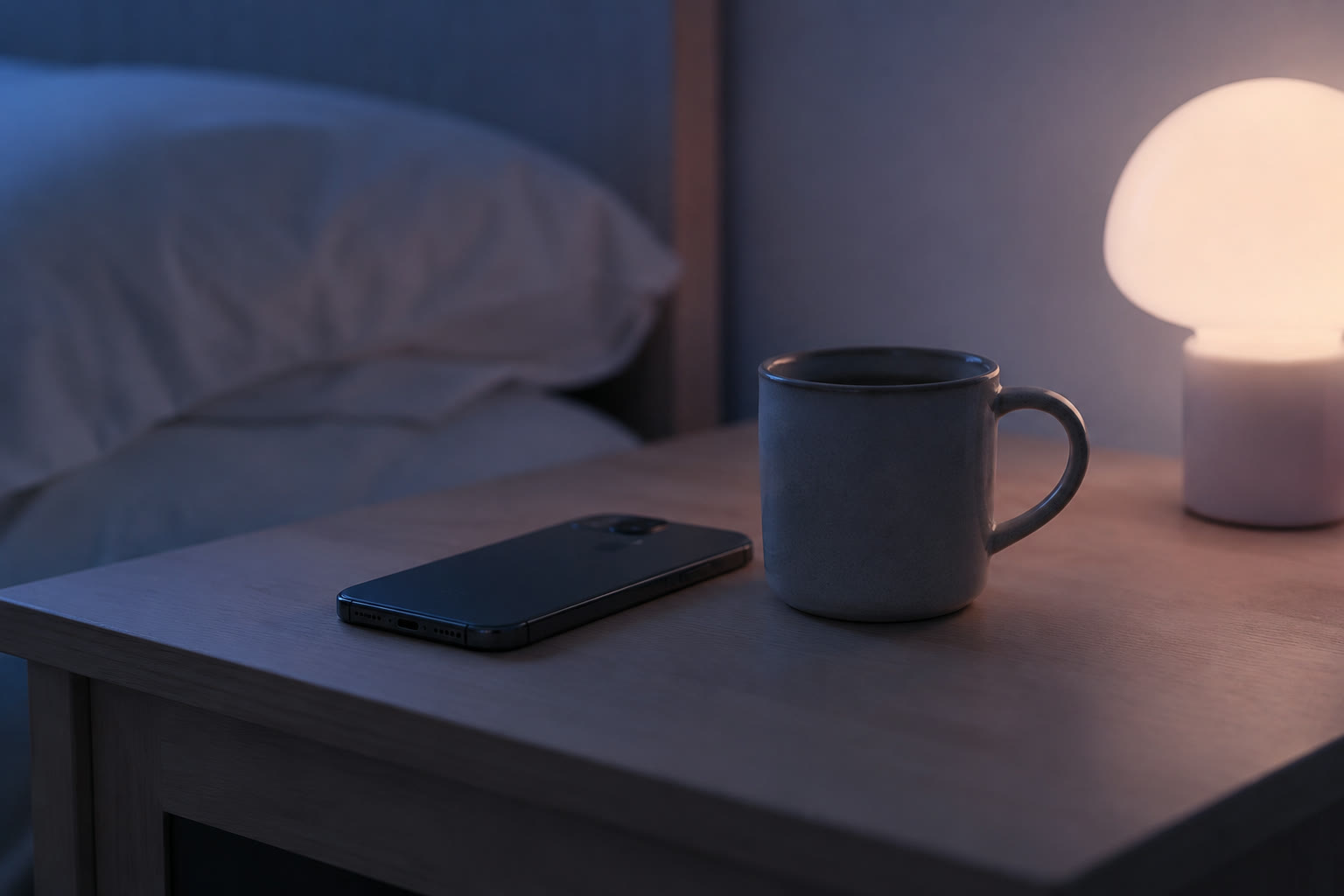 夜のベッドサイドに置かれたスマートフォンとマグカップ